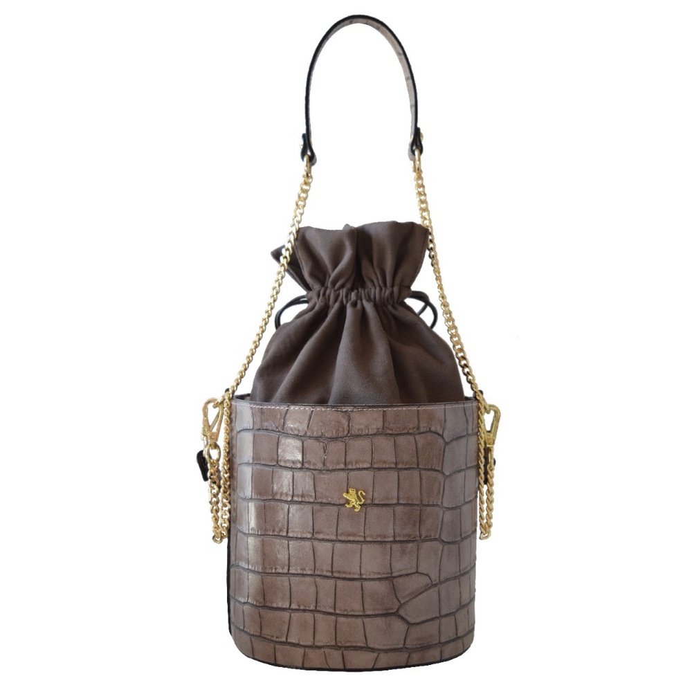 Pratesi Secchiello Lady Bucket Bag Italian leather Croc Embossed Gray NWT